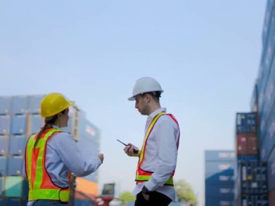 Blue collar workers are working at container warehouse. Blue collar worker and logistics.